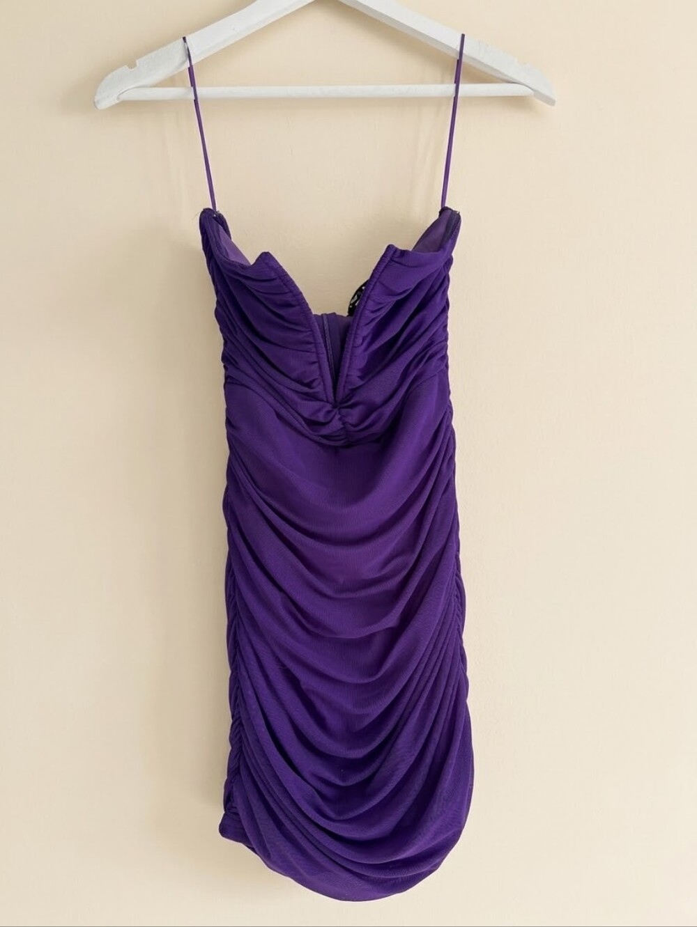Blue Blush Purple Ruched Mesh Strapless Deep V-Wire Bodycon Mini Dress Small